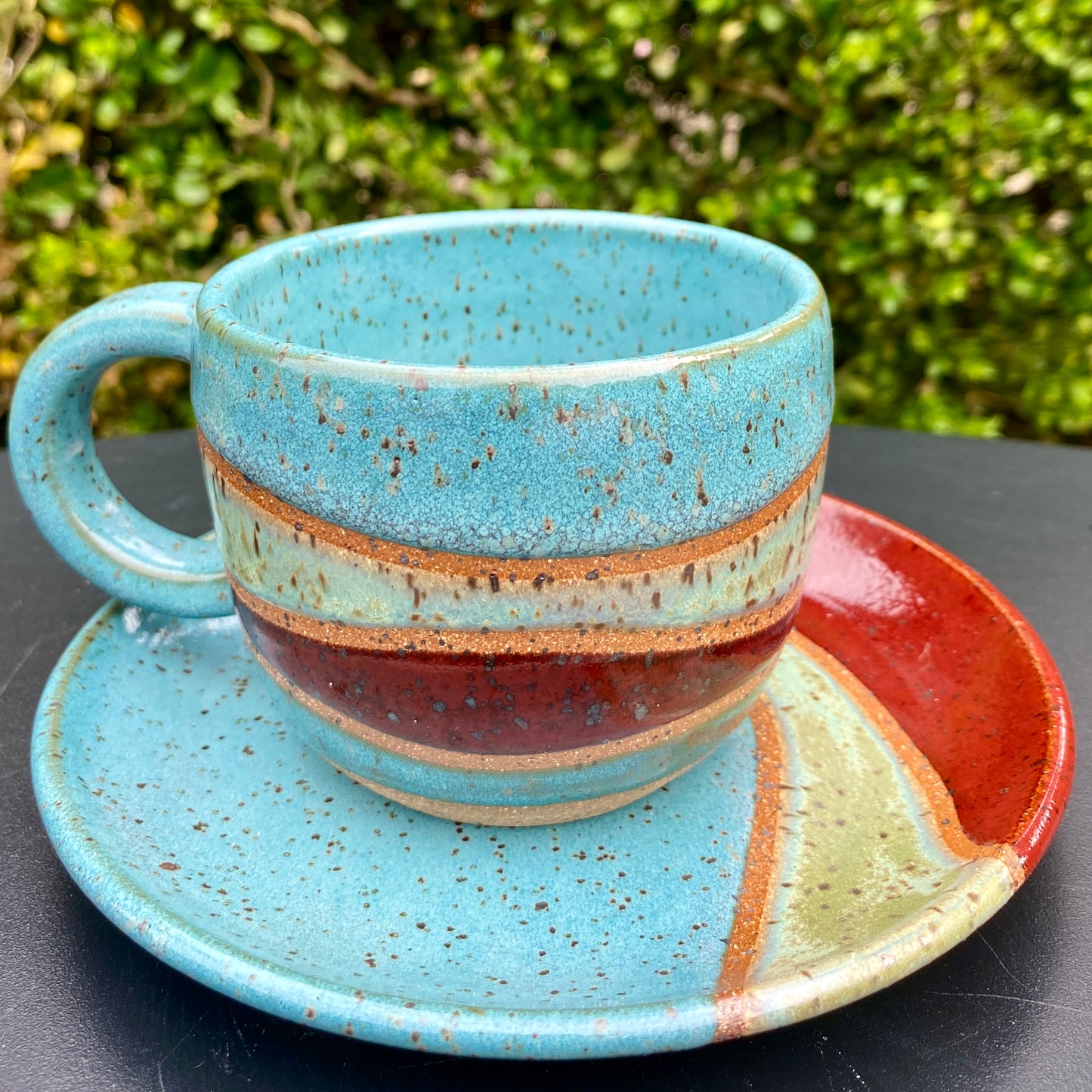 Cappuccino Cup and Saucer - brick/teal/green
