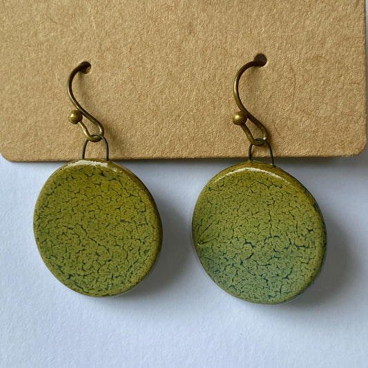 Disc earrings bronze hooks - green crackle