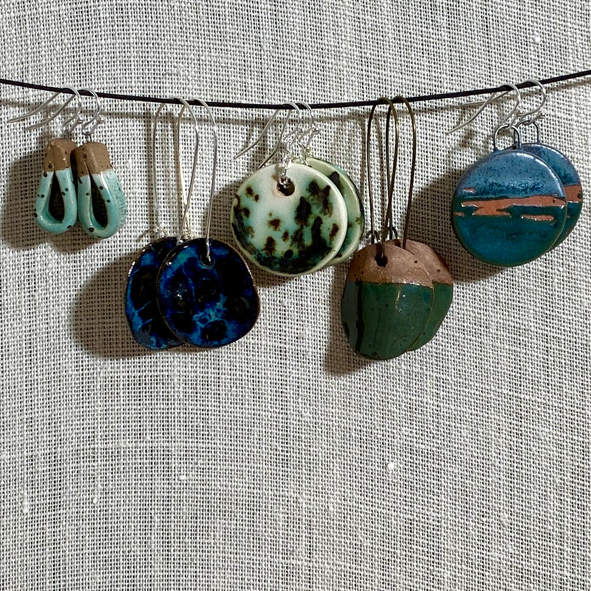 Disc earrings on long kidney hooks - blue lightening