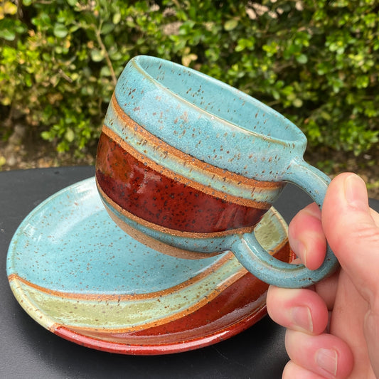 Espresso Cup and Saucer - brick/teal/green