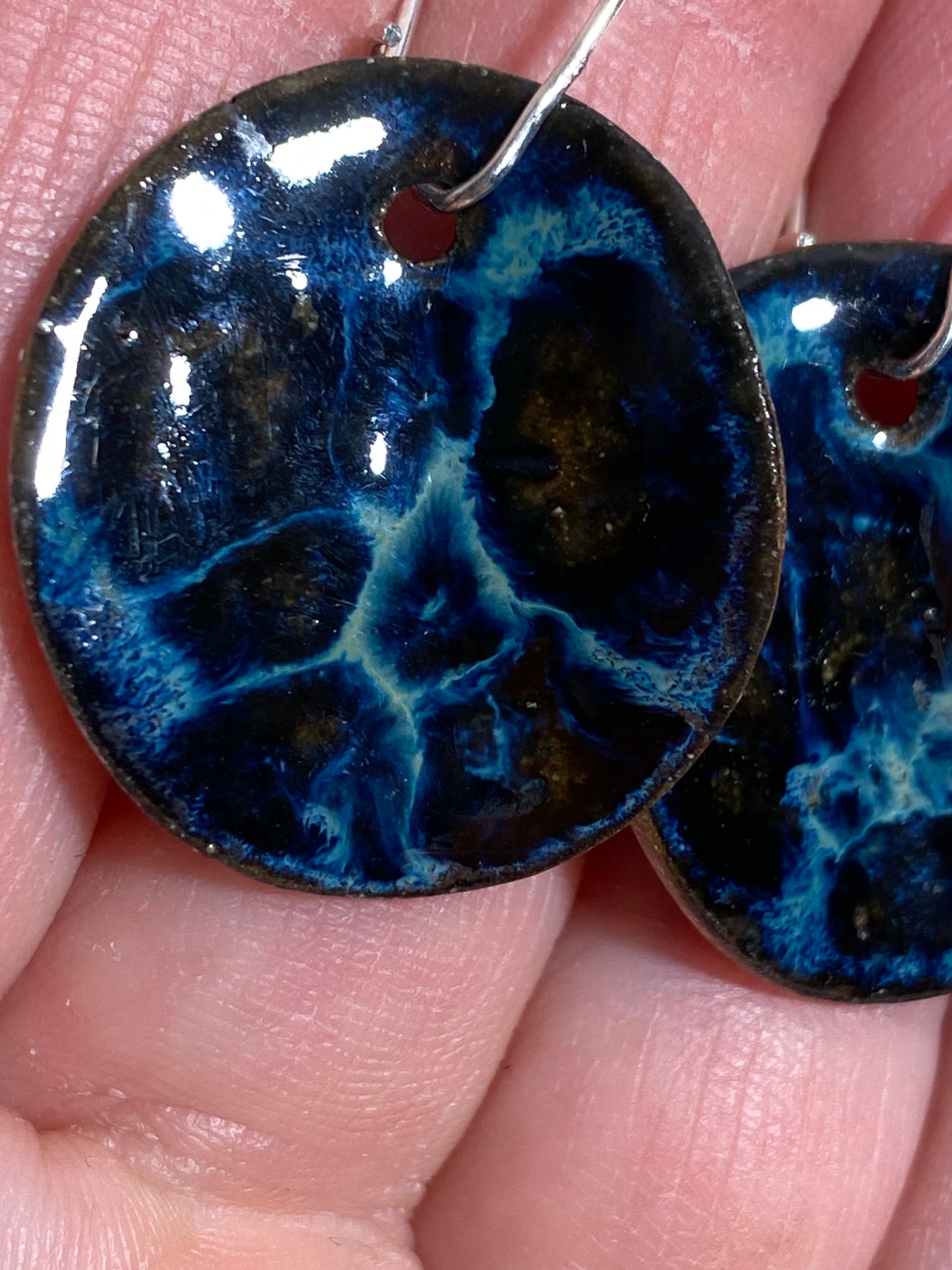 Disc earrings on long kidney hooks - blue lightening