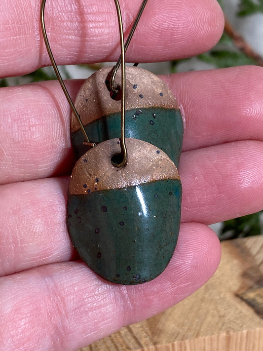 Disc earrings on long kidney hooks - forest green